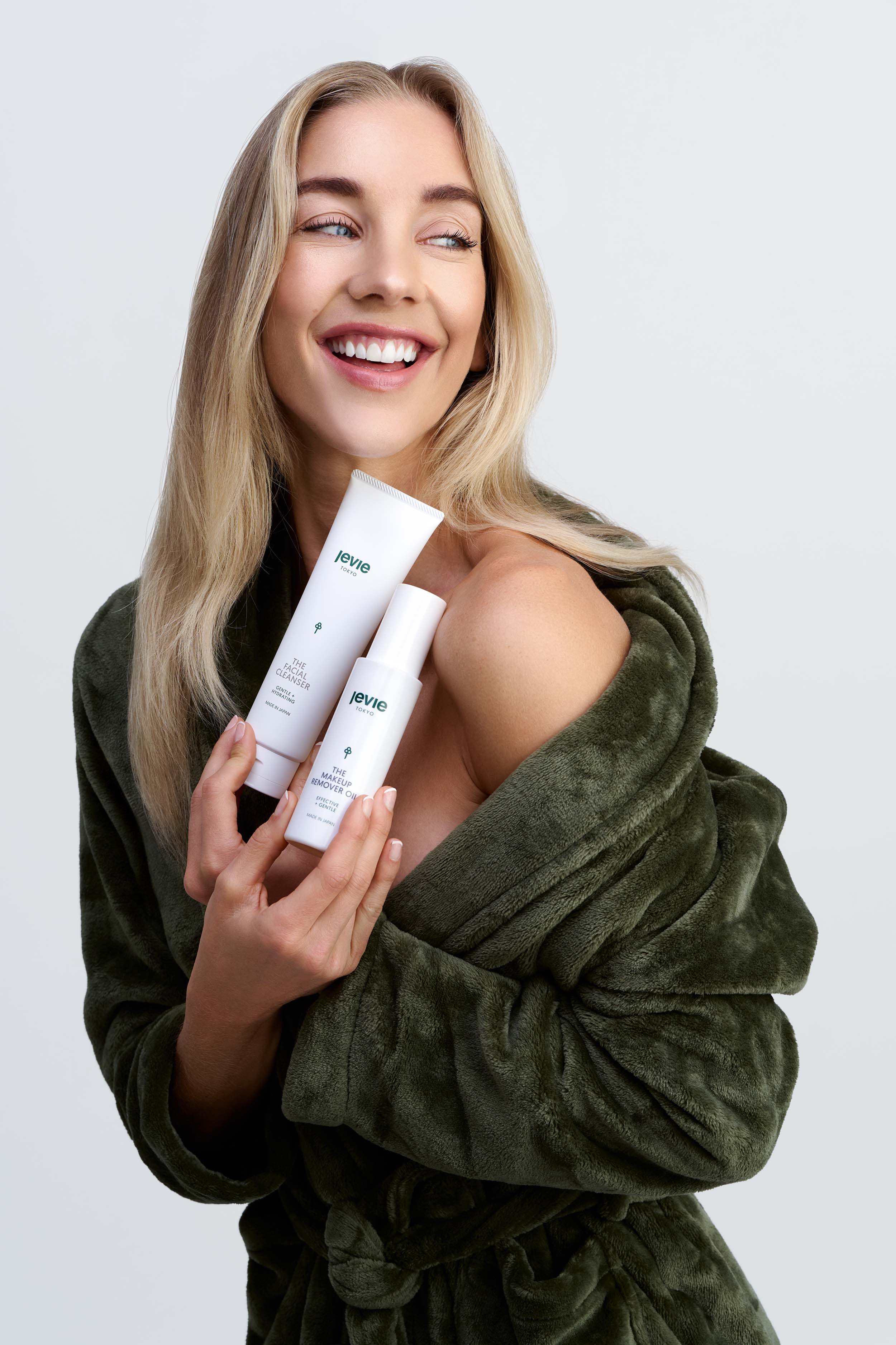 Editorial fashion photography for Jevie Skin - elegant beauty campaign with sophisticated styling and refined composition